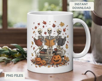 Spooky Readers Book Club PNG Mug Skeleton reading PNG retro fall pumpkin bow fall coquette cozy girl season bookish PNG Sublimation Design