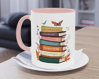 Personalized Gift for Book Lover Mug Gift Custom Name Mug Gift Floral Book Stack Design Coffee Cup Gift Insulated Travel Mug Bookish Mug