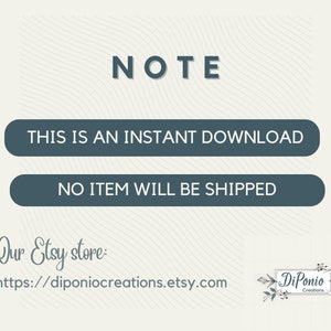 K&ouml;nnte beinhalten: Eine digitale Download-Ank&uuml;ndigung mit dem Wort "NOTE" oben. Zwei tealfarbene Ovale besagen "THIS IS AN INSTANT DOWNLOAD" und "NO ITEM WILL BE SHIPPED". Die Etsy-Shop-URL wird darunter angezeigt.