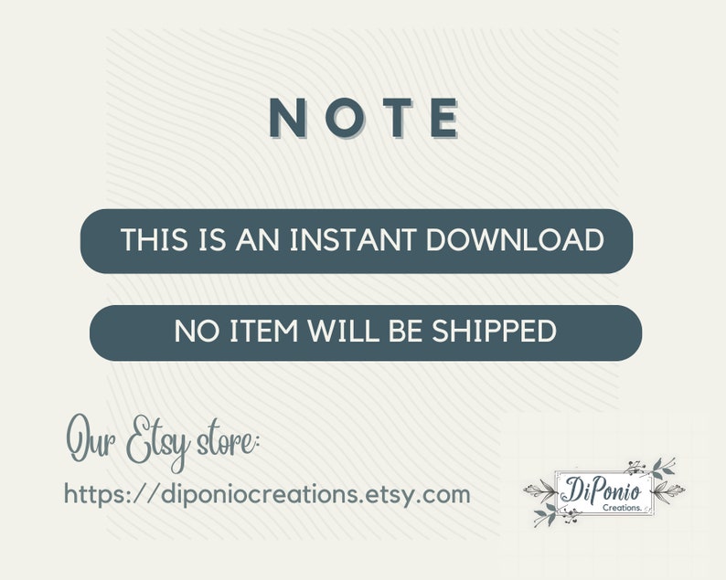 K&ouml;nnte beinhalten: Eine digitale Download-Ank&uuml;ndigung mit dem Wort "NOTE" oben. Zwei tealfarbene Ovale besagen "THIS IS AN INSTANT DOWNLOAD" und "NO ITEM WILL BE SHIPPED". Die Etsy-Shop-URL wird darunter angezeigt.