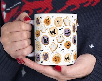 Halloween Cookies Cute Coffee Mug Gift Fall Autumn Mug Spooky Season Gift Halloween Cookies Pattern Mug with Ghosts Pumpkins Bats and Cats