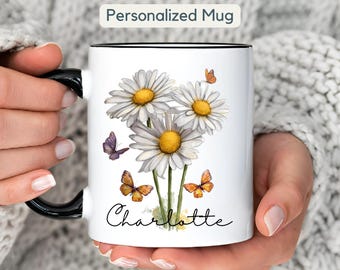 Tazas personalizadas con diseño de margarita, taza personalizada con diseño de flor de margarita, taza de café con diseño de flor de margarita, regalos de margarita para ella, regalos de margarita para mujeres, flor de nacimiento de abril