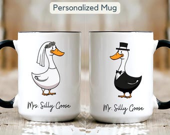 Taza de boda personalizada de Mr. y Mrs. Silly Goose, taza de compromiso, divertido regalo para recién casados, regalo para parejas, regalo para el futuro esposo, regalo para la prometida, regalo para ella