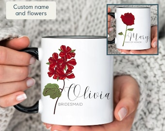 Taza de dama de honor personalizada, regalo de dama de honor con flores de nacimiento personalizadas, regalo de dama de honor, taza de dama de honor con flores, regalo para novia, taza de dama de honor, regalo
