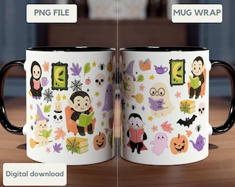 Puede incluir: Taza de cerámica blanca con asa y borde negros, con un diseño temático de Halloween. El diseño incluye vampiros de dibujos animados, fantasmas, calabazas y otros elementos espeluznantes. La taza está etiquetada como "PNG FILE", "MUG WRAP" y "Digital download".