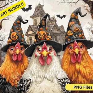 Chicken Halloween PNG, Spooky Chickens PNG Funny Halloween Chickens Fall PNG Pumpkin Clipart Witch Haunted House Chickens Sublimation Design