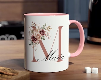 Personalisierte Geburtsblumen-Kaffeetasse, individuelle Juni Geburtsblumen-Tasse, Monogramm-Anfangsname, Rose-Geburtstagstassen, Geburtsmonat Geschenk, Muttertag