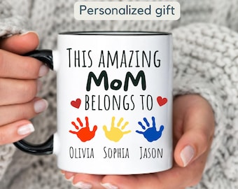 Gepersonaliseerde moedermok cadeau van kinderen Aangepaste handafdrukmok Cadeau voor mama Mok Moederdag moeder bloemen aangepaste kindernaambeker Moederdag mok cadeau