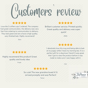 May include: A light beige background with the words "Customers' review" in a handwritten font. The image features customer reviews with star ratings and text praising the product's quality and service.