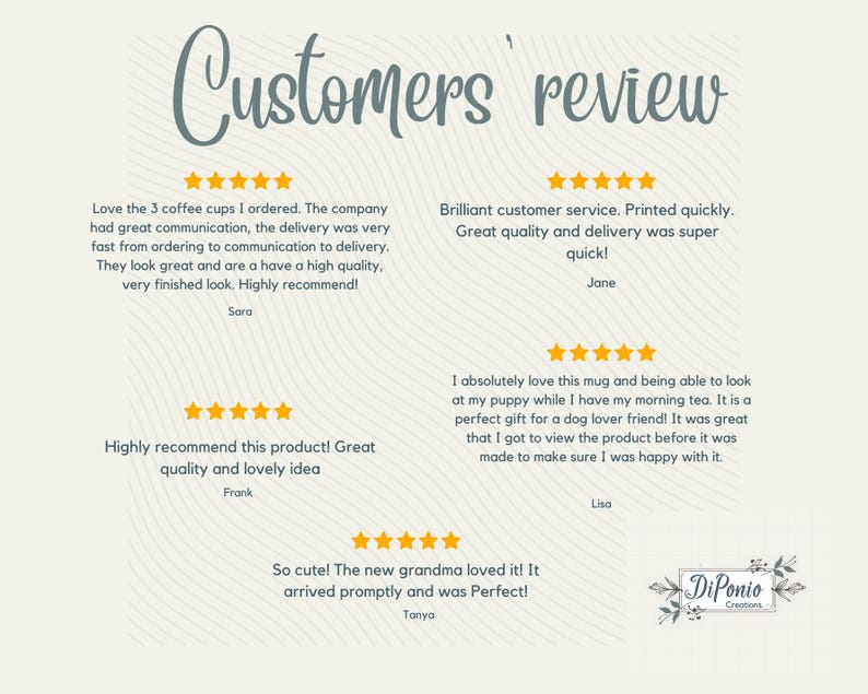 May include: A light beige background with the words "Customers' review" in a handwritten font. The image features customer reviews with star ratings and text praising the product's quality and service.