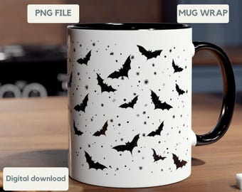 Bat Stars Halloween Mug Wrap Gift Halloween Cups, Fall Glass Cups Mug PNG Halloween Bats, Spooky Season Mug Wrap PNG Design Instant download