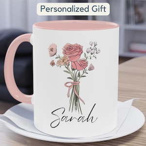 Tazza da caffè con fiore di nascita Coquette personalizzata, regalo per la mamma, regalo per la figlia, regalo per la migliore amica, sotto i 20 anni