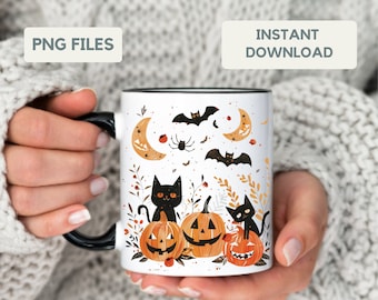Halloween Black Cat Mug Wrap PNG Gift with Pumpkin Design Cute Spooky Halloween Season Gift Design png Sublimation Design Instant download