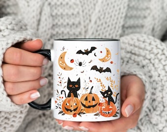 Taza de gato negro de Halloween con diseño de calabaza, regalo de taza de Halloween espeluznante, linda, perfecta para decoración de Halloween, taza de gato negro, taza espeluznante de calabaza