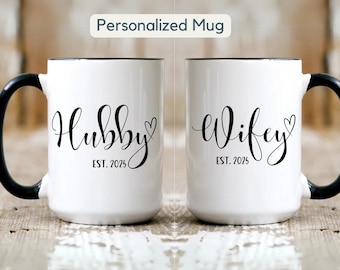 Personalized Wedding Gift Mr Mrs Mug Hubby Wifey Gift Custom Couple Coffee Mug Valentines Lovers, Engagement Bride and Groom Christmas Gift