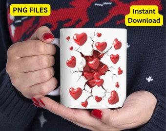 3D Red Heart Hole in a Wall Mug Wrap Valentine's Day Wrap PNG Gift Mug Sublimation Design, Mug Wrap Template, Instant Digital Download PNG