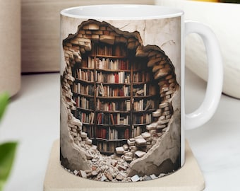3D Bookshelf Design Mug Gift for book lover, gift for bookworm mug hidden library mug, mug for reader, book mug and coaster, bookshelf gift