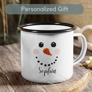 Personalized Custom Snowman Face Mug Gift Custom Hot Chocolate Enamel Mug for Kids Cute Holiday Mug Gift Winter Campfire Mug for Friend Mug