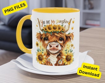 Cute Highland Cow Mug Wrap You Are My Sunshine PNG Sunflower Heifer Cow Summer Highland Cow DTF Transfer Sublimation Design Instant download