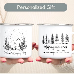 Custom Camping Tenting Enamel Mug Gift Personalized cup for Outdoor Enthusiasts with full custom name & wording with Forest Design Campfire