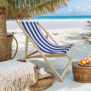 Outdoor Poplar Folding Beach Lounger, Folding Deck Chair, Wide Blue Stripe, Suitable for Sunbathing, Garden, Courtyard, Beach, etc.