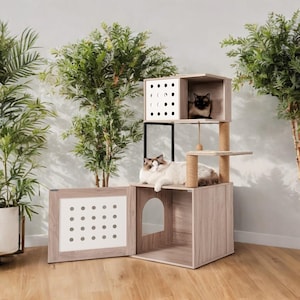 All-in-one cat tower, cat tree, equipped with large hammock, cat bed, feeding table, scratching board, suitable for indoor cats.