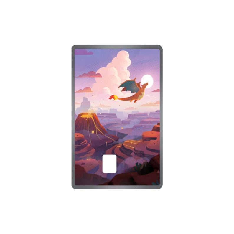 Puede incluir: Impresi&oacute;n art&iacute;stica digital que representa un drag&oacute;n naranja volando sobre un ca&ntilde;&oacute;n con un volc&aacute;n. La obra de arte utiliza una paleta vibrante de naranja, morado y rosa, con una luna llena en el fondo. La imagen est&aacute; enmarcada.