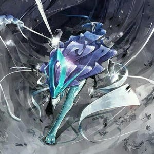 May include: An artistic illustration of a mythical creature with a blue and purple color scheme. The creature has a crystal-like structure on its head and a flowing mane. The background is a blend of gray and white, with dynamic lines.