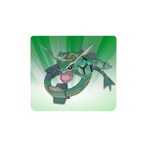 May include: A green and yellow cartoon illustration of a serpentine creature with large wings and a long body. The creature is set against a green background with white rays emanating from behind it.