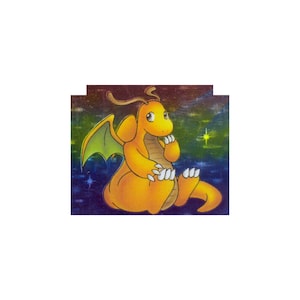 May include: A cartoon illustration of a Dragonite character. The Dragonite is yellow with green wings, sitting with its hand near its mouth. The background is a dark blue and purple space scene with stars.