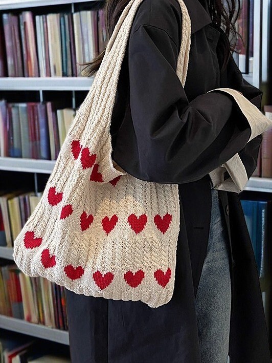 Fashion Heart Pattern Crochet Tote Bag, Casual Large Capacity Shoulder