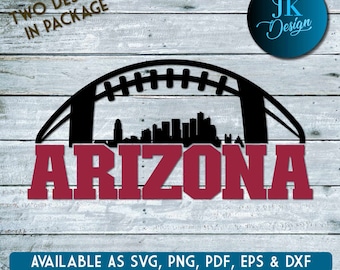 May include: A black silhouette of a football shape with the Arizona skyline inside. The word "ARIZONA" is in maroon block letters. Text at the top reads "TWO DESIGNS IN PACKAGE." The bottom text says "AVAILABLE AS SVG, PNG, PDF, EPS & DXF."