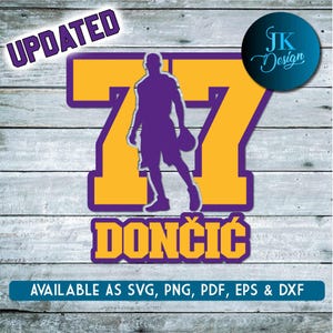 May include: A purple silhouette of a basketball player with a basketball in their hand, standing in front of a yellow number 77 with the text "DONCIC" below. The background is a wood grain pattern. The text "UPDATED" is in the top left corner and "JK Design" is in the top right corner.