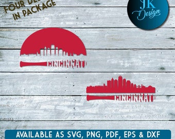 Horizonte de la ciudad de béisbol de Cincinnati para cortar el paquete - SVG, AI, PNG, Cricut y Silhouette Studio
