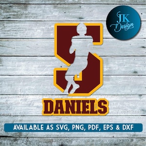 May include: A maroon and gold number 5 with a white silhouette of a football player inside. The number is outlined in gold and the text "DANIELS" is below the number. The image is on a woodgrain background.