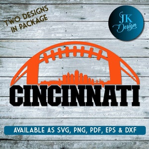 Könnte beinhalten: Ein digitales Design mit einem orangefarbenen Footballhelm, in dem sich die Skyline von Cincinnati, Ohio befindet. Der Text "CINCINNATI" ist in Schwarz unter dem Helm. Der Text "TWO DESIGNS IN PACKAGE" befindet sich oben links. Der Text "AVAILABLE AS SVG, PNG, PDF, EPS & DXF" befindet sich unten im Bild.