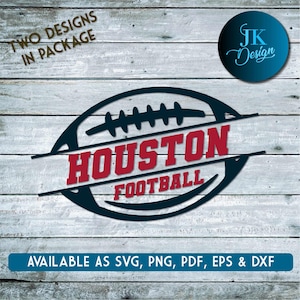 May include: A blue and red graphic design featuring a football with the text "HOUSTON FOOTBALL" on a wood background.