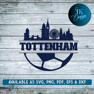 Puede incluir: Un balón de fútbol azul y gris con una silueta del horizonte de Londres y la palabra "TOTTENHAM" en el medio.