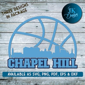 Könnte beinhalten: Eine blaue Basketballgrafik mit einer Skyline-Silhouette von Chapel Hill, North Carolina. Der Text "THREE DESIGNS IN PACKAGE" und "AVAILABLE AS SVG, PNG, PDF, EPS & DXF" ist ebenfalls enthalten.