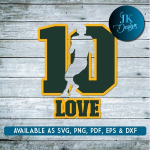 May include: Green and yellow number 10 with a silhouette of a football player inside the number. The word "LOVE" is below the number. The image is on a woodgrain background.