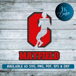 Könnte beinhalten: Rote und schwarze Silhouette eines American-Football-Spielers in einem roten Sechseck mit dem Wort "MAYFIELD" in schwarzen und roten Buchstaben darunter. Erhältlich als SVG, PNG, PDF, EPS und DXF.