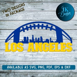 May include: A digital design featuring a blue and yellow football helmet with the words "LOS ANGELES" in yellow letters. The design is available as SVG, PNG, PDF, EPS, and DXF files.