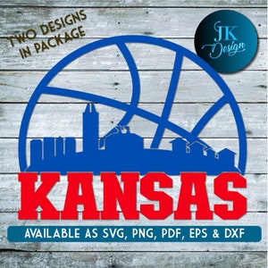 May include: A blue basketball with a silhouette of the Kansas City skyline inside. The word "KANSAS" is written in red letters below the basketball. The text "TWO DESIGNS IN PACKAGE" is in the upper left corner. The text "AVAILABLE AS SVG, PNG, PDF, EPS & DXF" is in the lower left corner. The text "JK Design" is in a circle in the upper right corner.