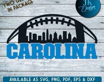 May include: A blue and black Carolina silhouette with a football helmet design. The text "CAROLINA" is in blue and the text "TWO DESIGNS IN PACKAGE" is in brown. The text "AVAILABLE AS SVG, PNG, PDF, EPS & DXF" is in blue.