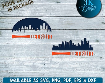 May include: Four digital designs featuring a baseball bat with the word "Detroit" and a skyline silhouette. The designs are available in SVG, PNG, PDF, EPS, and DXF formats.