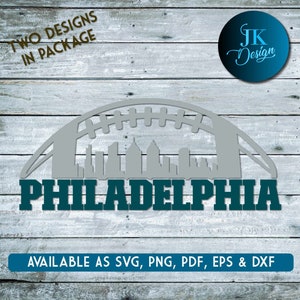 May include: A digital design featuring a gray football arch over a skyline silhouette of Philadelphia. The text "PHILADELPHIA" is in bold, green letters. The text "TWO DESIGNS IN PACKAGE" and "AVAILABLE AS SVG, PNG, PDF, EPS & DXF" is also included.