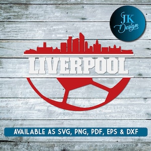 Könnte beinhalten: Ein rot-weißer Fußball mit einer weißen Silhouette der Skyline von Liverpool und dem Wort "LIVERPOOL" in weißen Buchstaben.