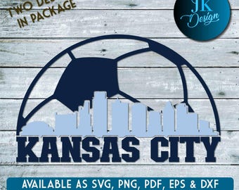 May include: A digital design featuring a soccer ball with a blue and white Kansas City skyline in front of it. The text "KANSAS CITY" is in bold blue letters below the skyline. The text "TWO DESIGNS IN PACKAGE" is in the top left corner of the image. The text "AVAILABLE AS SVG, PNG, PDF, EPS & DXF" is at the bottom of the image.