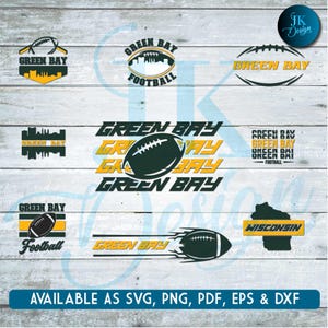 Può includere: Una collezione di design a tema Green Bay Packers, tra cui palloni da football americano e skyline cittadini in verde, giallo e nero. Il testo include "Green Bay" e "Football". Disponibile come SVG, PNG, PDF, EPS e DXF.
