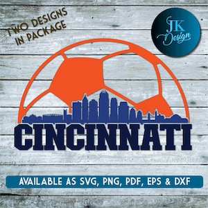 May include: Two designs in a package. A blue silhouette of the Cincinnati skyline with the city name in bold blue letters. The skyline is set against an orange soccer ball.